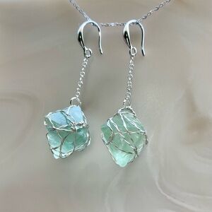 Green Fluorite Octahedron Dangle Earrings E32